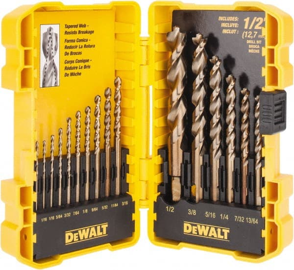 DeWALT - 1/16 to 1/2", 135° Point, Gold Finish, High Speed Steel Jobber Length Drill Bit Set - A1 Tooling