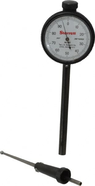 Starrett - 0.2 Inch Range, 0.001 Inch Dial Graduation, Dial Test Indicator - 1-11/16 Inch White Dial, 0-100 Dial Reading - A1 Tooling