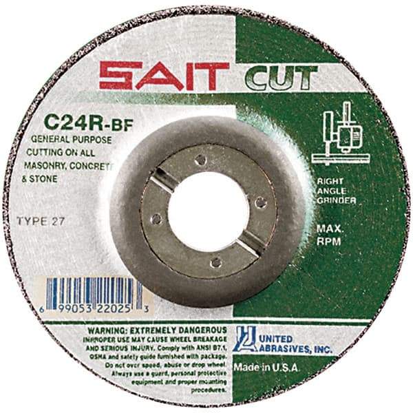 Sait - 24 Grit, 4-1/2" Wheel Diam, 3/32" Wheel Thickness, 7/8" Arbor Hole, Type 27 Depressed Center Wheel - Silicon Carbide, Resinoid Bond, R Hardness, 13,300 Max RPM, Compatible with Angle Grinder - A1 Tooling