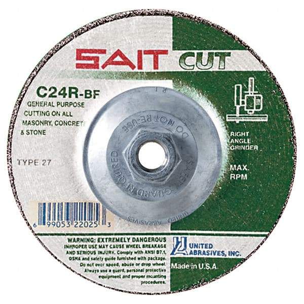 Sait - 24 Grit, 4-1/2" Wheel Diam, 3/32" Wheel Thickness, Type 27 Depressed Center Wheel - Silicon Carbide, Resinoid Bond, R Hardness, 13,300 Max RPM, Compatible with Angle Grinder - A1 Tooling