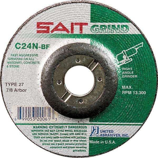 Sait - 24 Grit, 5" Wheel Diam, 1/4" Wheel Thickness, 7/8" Arbor Hole, Type 27 Depressed Center Wheel - Silicon Carbide, Resinoid Bond, N Hardness, 12,200 Max RPM, Compatible with Angle Grinder - A1 Tooling