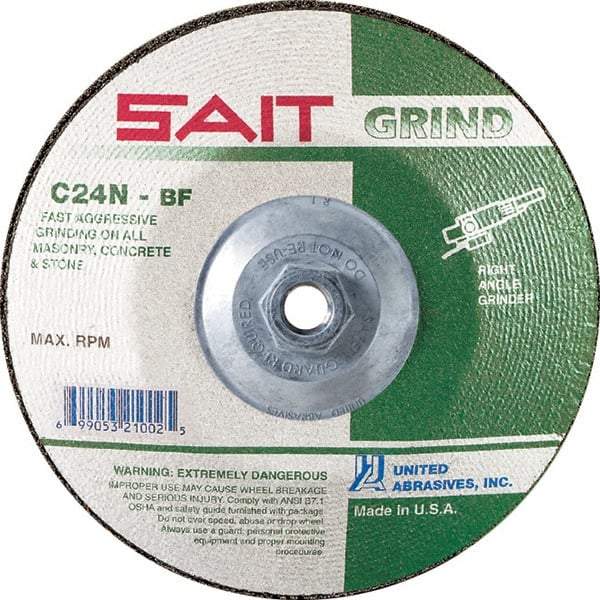 Sait - 24 Grit, 5" Wheel Diam, 1/4" Wheel Thickness, Type 27 Depressed Center Wheel - Silicon Carbide, Resinoid Bond, N Hardness, 12,200 Max RPM, Compatible with Angle Grinder - A1 Tooling