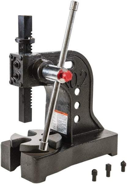 Palmgren - 1-1/4" Ram, 5-15/16" Throat Depth, 2 Ton Manual Arbor Press - 8" Max Work Height x 11-7/8" Max Work Width, Single Leverage, 6-1/2" Base Width x 16" Base Depth - A1 Tooling