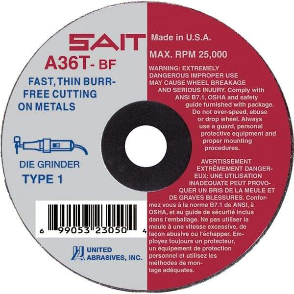 Sait - 3" 36 Grit Aluminum Oxide Cutoff Wheel - 1/16" Thick, 1/4" Arbor, 25,000 Max RPM, Use with Die Grinders - A1 Tooling