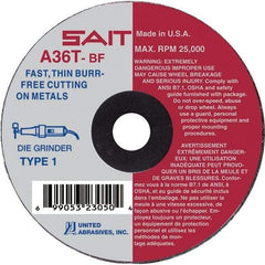 Sait - 3" 36 Grit Aluminum Oxide Cutoff Wheel - 1/16" Thick, 1/4" Arbor, 25,000 Max RPM, Use with Die Grinders - A1 Tooling