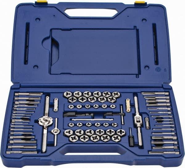 Tap & Die Set: #4-40 to 1/2-20 Taps, #4-40 to 1/2-20 Dies, NPT Carbon Steel, Bright Finish, 1 & 5/8″ Hex Dies, Plug, 76 Pc