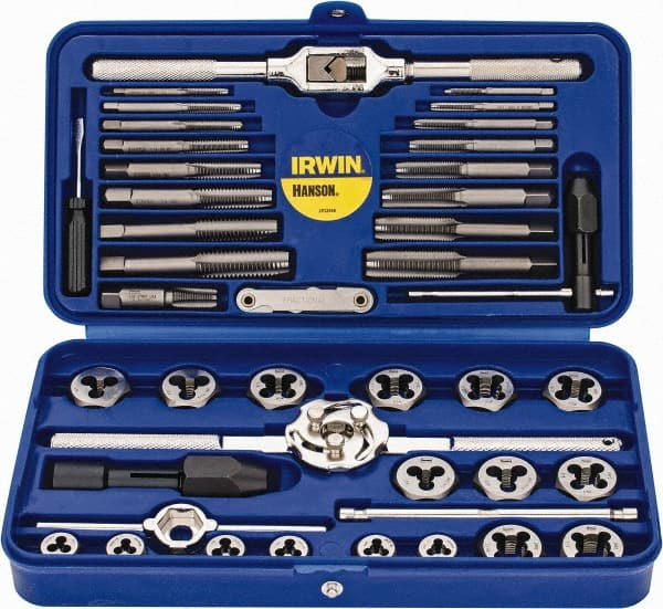 Tap & Die Set: #4-40 to 1/2-20 Taps, #4-40 to 1/2-20 Dies, NPT, UNC & UNF Carbon Steel, Bright Finish, 1 & 5/8″ Hex Dies, Plug, 41 Pc