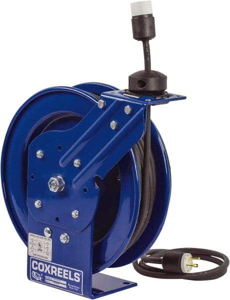 CoxReels - 16 AWG, 75' Cable Length, Cord & Cable Reel with Outlet End - 1 Outlet, NEMA 5-15R, 13 Amps, 115 Volts, SJO Cable, Blue Reel, Spring Driven Reel - A1 Tooling