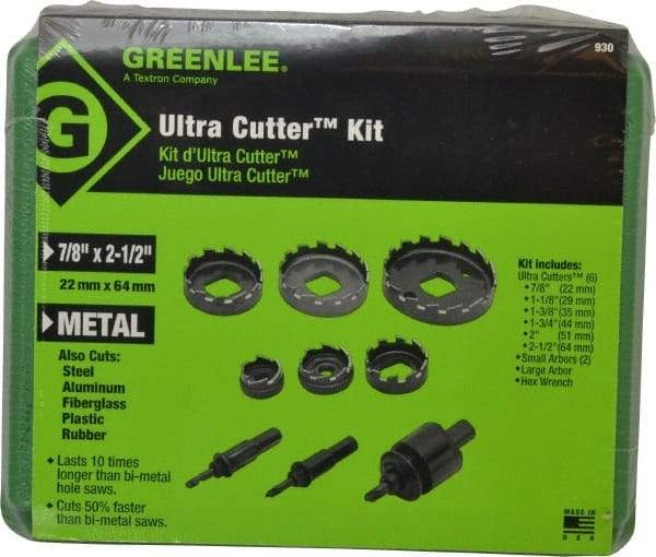 Greenlee - 9 Piece, 7/8" to 2-1/2" Saw Diam, Electrician's Hole Saw Kit - High Speed Steel, Toothed Edge, Includes 6 Hole Saws - A1 Tooling