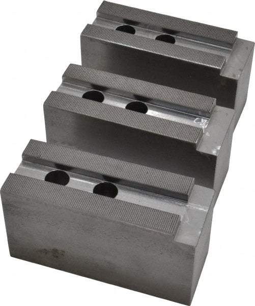 H & R Manufacturing - 15" Chuck Capacity, 1.5mm x 60° Serrated Attachment, Square Soft Lathe Chuck Jaw - 3 Jaws, Steel, 1.69" Btw Mount Hole Ctrs, 6-1/2" Long x 2-1/2" Wide x 3-1/2" High, 0.866" Groove, 20mm Fastener - A1 Tooling