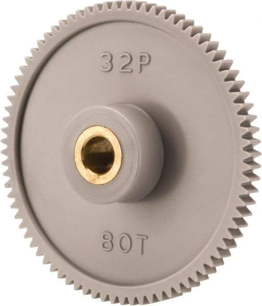 Made in USA - 32 Pitch, 2-1/2" Pitch Diam, 2-9/16" OD, 80 Tooth Spur Gear - 3/16" Face Width, 5/16" Bore Diam, 13/16" Hub Diam, 20° Pressure Angle, Acetal - A1 Tooling