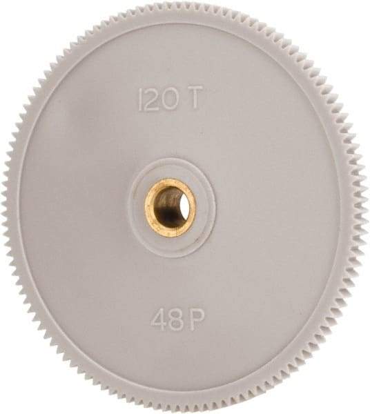 Made in USA - 48 Pitch, 2-1/2" Pitch Diam, 2.542" OD, 120 Tooth Spur Gear - 1/8" Face Width, 1/4" Bore Diam, 39/64" Hub Diam, 20° Pressure Angle, Acetal - A1 Tooling