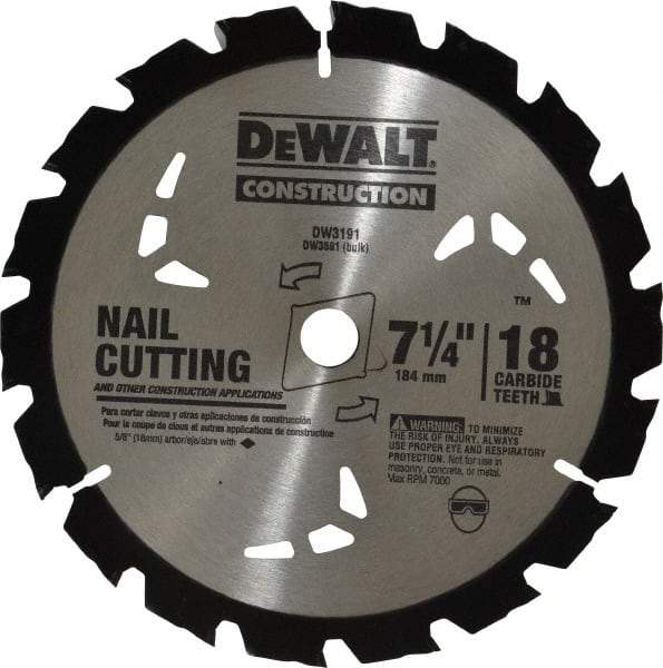 DeWALT - 7-1/4" Diam, 5/8" Arbor Hole Diam, 18 Tooth Wet & Dry Cut Saw Blade - Carbide-Tipped, General Purpose Action, Diamond Arbor - A1 Tooling