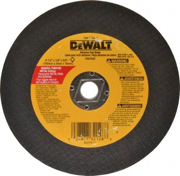 DeWALT - 6-1/2" Aluminum Oxide Cutoff Wheel - 1/8" Thick, 5/8" Arbor, 9,400 Max RPM, Use with Circular Saws - A1 Tooling