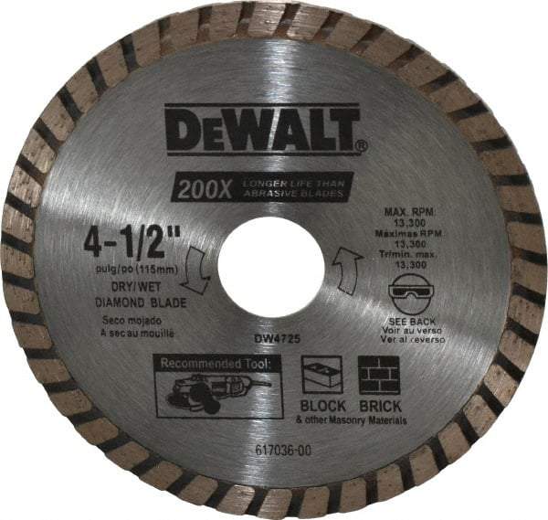 DeWALT - 4-1/2" Diam, 7/8" Arbor Hole Diam, Wet & Dry Cut Saw Blade - Diamond-Tipped, Standard Round Arbor - A1 Tooling