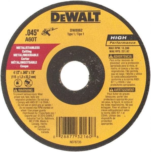 DeWALT - 4-1/2" Aluminum Oxide Cutoff Wheel - 0.045" Thick, 7/8" Arbor, 13,300 Max RPM, Use with Circular Saws - A1 Tooling