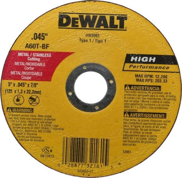 DeWALT - 5" Aluminum Oxide Cutoff Wheel - 0.045" Thick, 7/8" Arbor, 12,200 Max RPM, Use with Circular Saws - A1 Tooling