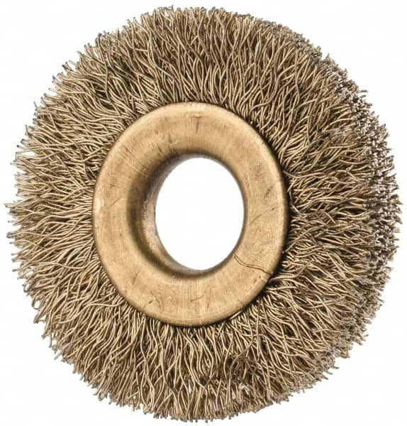 Value Collection - 1-3/8" OD, 3/8" Arbor Hole, Crimped Brass-Coated Steel Wheel Brush - 1/4" Face Width, 3/8" Trim Length, 0.007" Filament Diam, 20,000 RPM - A1 Tooling