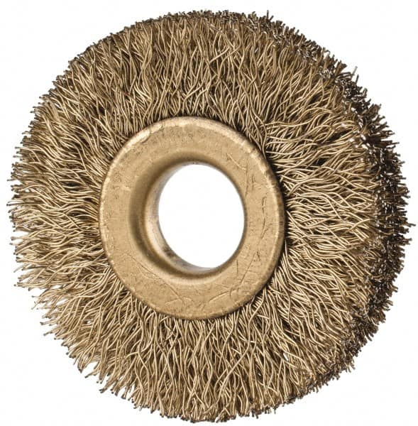 Value Collection - 1-1/2" OD, 3/8" Arbor Hole, Crimped Brass-Coated Steel Wheel Brush - 1/4" Face Width, 3/8" Trim Length, 0.007" Filament Diam, 20,000 RPM - A1 Tooling