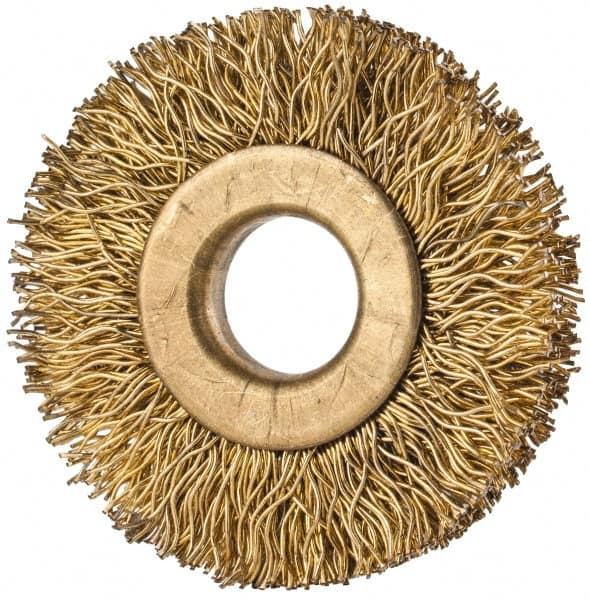 Value Collection - 1-3/8" OD, 3/8" Arbor Hole, Crimped Brass-Coated Steel Wheel Brush - 1/4" Face Width, 3/8" Trim Length, 0.012" Filament Diam, 20,000 RPM - A1 Tooling