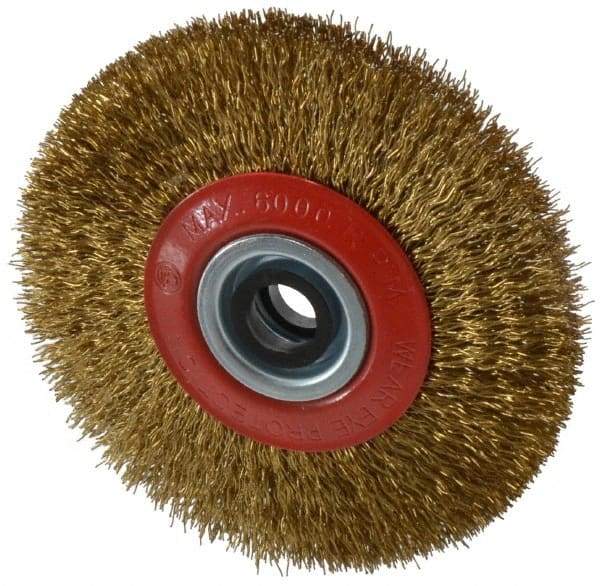 Value Collection - 5" OD, 3/4" Arbor Hole, Crimped Brass-Coated Steel Wheel Brush - 11/16" Face Width, 1-3/32" Trim Length, 0.014" Filament Diam, 6,000 RPM - A1 Tooling