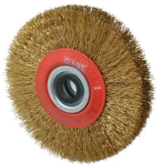 Value Collection - 5" OD, 3/4" Arbor Hole, Crimped Brass-Coated Steel Wheel Brush - 1" Face Width, 1-3/32" Trim Length, 0.014" Filament Diam, 6,000 RPM - A1 Tooling