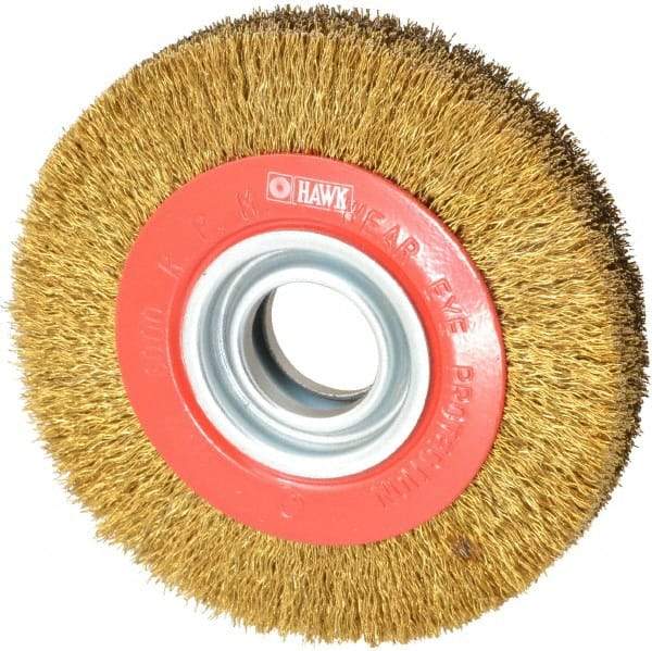 Value Collection - 6" OD, 1-1/4" Arbor Hole, Crimped Brass-Coated Steel Wheel Brush - 1" Face Width, 1-1/8" Trim Length, 0.014" Filament Diam, 6,000 RPM - A1 Tooling