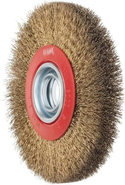 Value Collection - 7" OD, 1-1/4" Arbor Hole, Crimped Brass-Coated Steel Wheel Brush - 3/4" Face Width, 1-1/2" Trim Length, 0.014" Filament Diam, 6,000 RPM - A1 Tooling