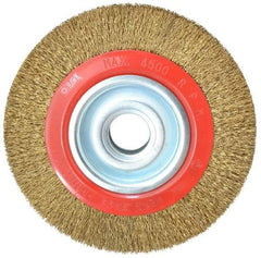 Value Collection - 8" OD, 1-1/4" Arbor Hole, Crimped Brass-Coated Steel Wheel Brush - 1" Face Width, 1-11/32" Trim Length, 0.014" Filament Diam, 4,500 RPM - A1 Tooling