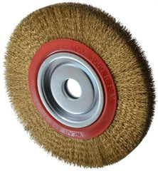 Value Collection - 10" OD, 1-1/4" Arbor Hole, Crimped Brass-Coated Steel Wheel Brush - 1" Face Width, 1-15/32" Trim Length, 0.014" Filament Diam, 3,000 RPM - A1 Tooling