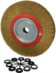 Value Collection - 12" OD, 1-1/4" Arbor Hole, Crimped Brass-Coated Steel Wheel Brush - 1-21/32" Face Width, 2-3/8" Trim Length, 0.014" Filament Diam, 3,000 RPM - A1 Tooling