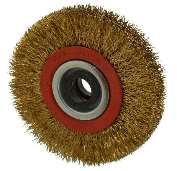 Value Collection - 4" OD, 3/4" Arbor Hole, Crimped Brass-Coated Steel Wheel Brush - 3/4" Face Width, 11/16" Trim Length, 0.012" Filament Diam, 8,000 RPM - A1 Tooling