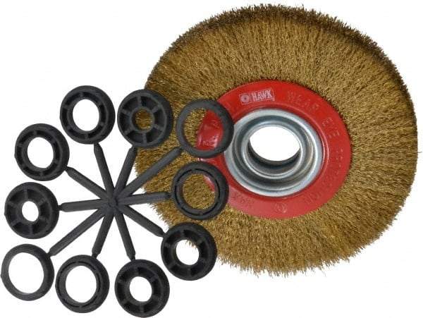 Value Collection - 7" OD, 1-1/4" Arbor Hole, Crimped Brass-Coated Steel Wheel Brush - 3/4" Face Width, 1-1/2" Trim Length, 0.012" Filament Diam, 6,000 RPM - A1 Tooling