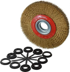 Value Collection - 7" OD, 1-1/4" Arbor Hole, Crimped Brass-Coated Steel Wheel Brush - 1" Face Width, 1-1/2" Trim Length, 0.012" Filament Diam, 6,000 RPM - A1 Tooling