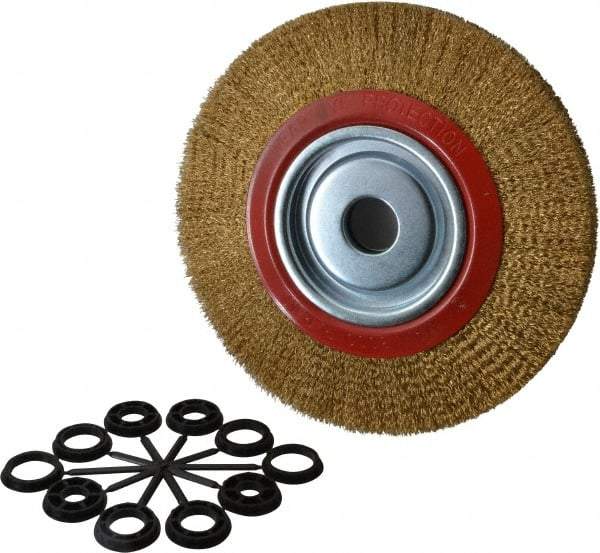 Value Collection - 10" OD, 1-1/4" Arbor Hole, Crimped Brass-Coated Steel Wheel Brush - 1" Face Width, 1-15/32" Trim Length, 0.012" Filament Diam, 3,000 RPM - A1 Tooling