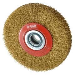 Value Collection - 5" OD, 3/4" Arbor Hole, Crimped Brass-Coated Steel Wheel Brush - 1" Face Width, 1-3/32" Trim Length, 0.007" Filament Diam, 6,000 RPM - A1 Tooling