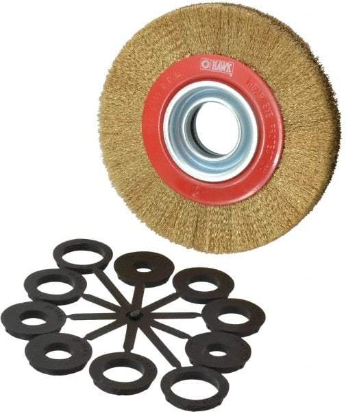 Value Collection - 6" OD, 1-1/4" Arbor Hole, Crimped Brass-Coated Steel Wheel Brush - 11/16" Face Width, 1-1/8" Trim Length, 0.007" Filament Diam, 6,000 RPM - A1 Tooling