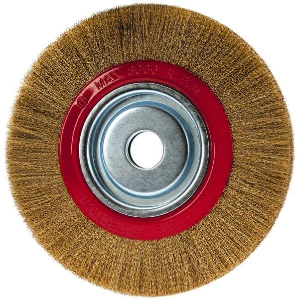 Value Collection - 10" OD, 1-1/4" Arbor Hole, Crimped Brass-Coated Steel Wheel Brush - 1" Face Width, 1-15/32" Trim Length, 0.007" Filament Diam, 3,000 RPM - A1 Tooling