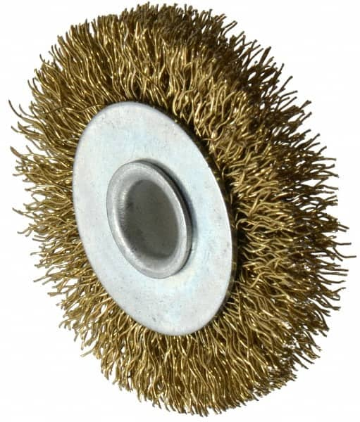 Value Collection - 2" OD, 3/8" Arbor Hole, Crimped Brass-Coated Steel Wheel Brush - 9/32" Face Width, 3/8" Trim Length, 0.012" Filament Diam, 4,500 RPM - A1 Tooling