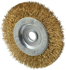 Value Collection - 3" OD, 3/8" Arbor Hole, Crimped Brass-Coated Steel Wheel Brush - 3/8" Face Width, 5/8" Trim Length, 0.012" Filament Diam, 4,500 RPM - A1 Tooling