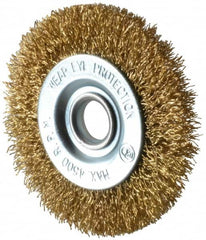 Value Collection - 3" OD, 1/2" Arbor Hole, Crimped Brass-Coated Steel Wheel Brush - 3/8" Face Width, 5/8" Trim Length, 0.012" Filament Diam, 4,500 RPM - A1 Tooling