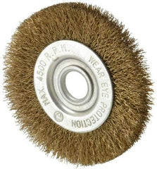 Value Collection - 3" OD, 1/2" Arbor Hole, Crimped Brass-Coated Steel Wheel Brush - 3/8" Face Width, 5/8" Trim Length, 0.007" Filament Diam, 4,500 RPM - A1 Tooling