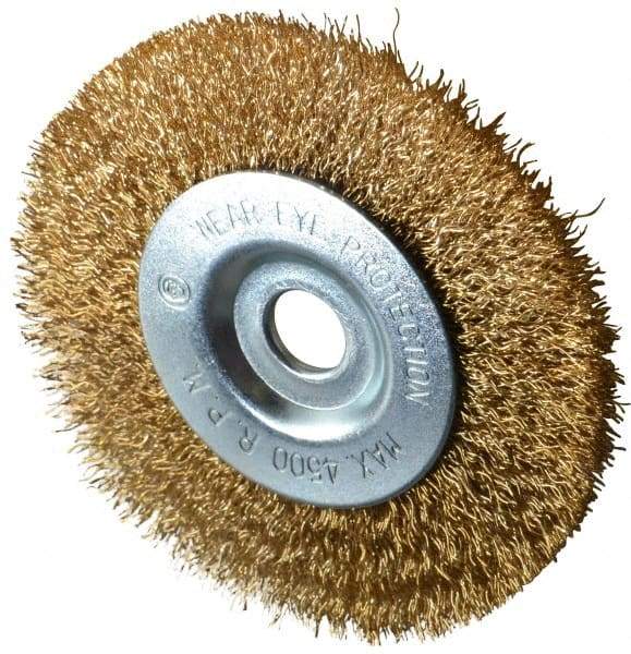 Value Collection - 4" OD, 1/2" Arbor Hole, Crimped Brass-Coated Steel Wheel Brush - 1/2" Face Width, 7/8" Trim Length, 0.012" Filament Diam, 4,500 RPM - A1 Tooling