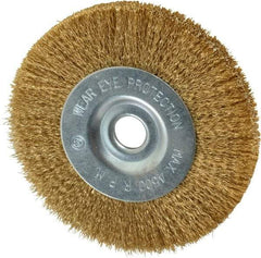 Value Collection - 4" OD, 1/2" Arbor Hole, Crimped Brass-Coated Steel Wheel Brush - 1/2" Face Width, 7/8" Trim Length, 0.007" Filament Diam, 4,500 RPM - A1 Tooling