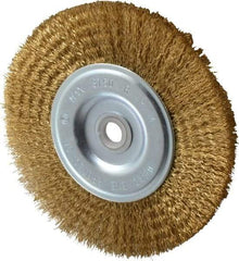 Value Collection - 6" OD, 5/8" Arbor Hole, Crimped Brass-Coated Steel Wheel Brush - 1/2" Face Width, 1-3/8" Trim Length, 0.012" Filament Diam, 3,750 RPM - A1 Tooling