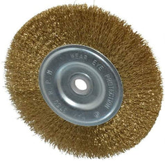 Value Collection - 6" OD, 5/8" Arbor Hole, Crimped Brass-Coated Steel Wheel Brush - 11/16" Face Width, 1-3/8" Trim Length, 0.012" Filament Diam, 6,000 RPM - A1 Tooling