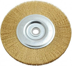 Value Collection - 6" OD, 5/8" Arbor Hole, Crimped Brass-Coated Steel Wheel Brush - 11/16" Face Width, 1-3/8" Trim Length, 0.012" Filament Diam, 3,750 RPM - A1 Tooling