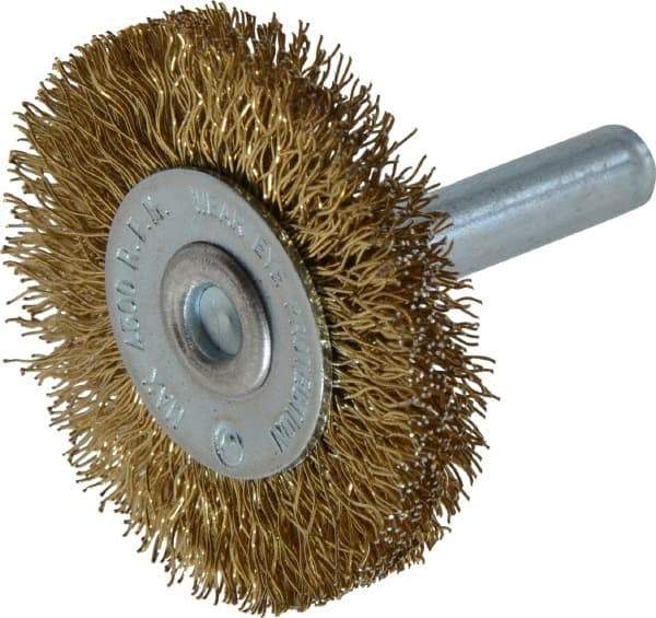 Value Collection - 1-5/8" OD, 1/4" Shank Diam, Crimped Brass-Coated Steel Wheel Brush - 3/16" Face Width, 3/8" Trim Length, 0.015" Filament Diam, 4,500 RPM - A1 Tooling