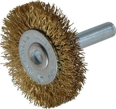 Value Collection - 1-5/8" OD, 1/4" Shank Diam, Crimped Brass-Coated Steel Wheel Brush - 3/16" Face Width, 3/8" Trim Length, 0.015" Filament Diam, 4,500 RPM - A1 Tooling