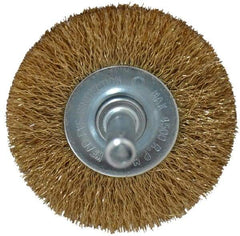 Value Collection - 2" OD, 1/4" Shank Diam, Crimped Brass-Coated Steel Wheel Brush - 9/32" Face Width, 3/8" Trim Length, 0.008" Filament Diam, 4,500 RPM - A1 Tooling